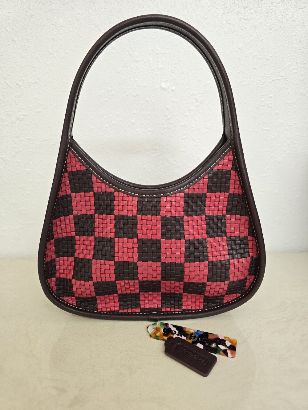 Coach Coachtopia Ergo Bag With Woven Checkered Shoulder Bag Red and Dark Brown
